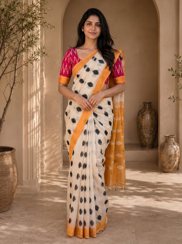 Neelika Soft Chanderi Cotton Saree – Cream Mustard Ikkat Dot Digital Print