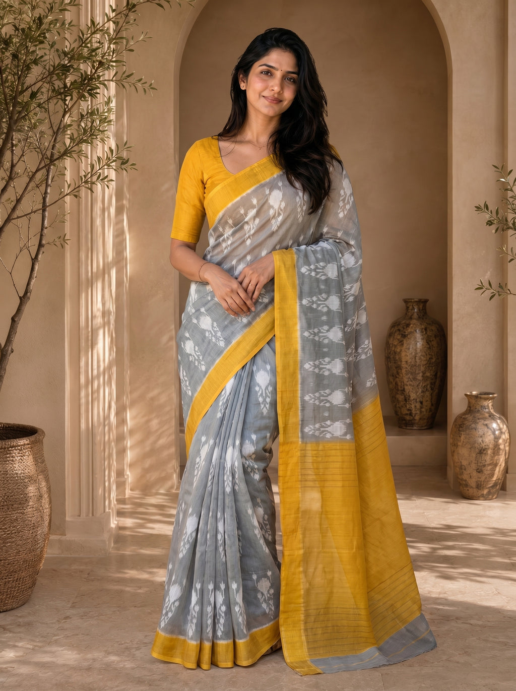 Neelika Soft Chanderi Cotton Saree – Grey Mustard Ikkat Floral Digital Print
