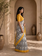 Neelika Soft Chanderi Cotton Saree – Grey Mustard Ikkat Floral Digital Print