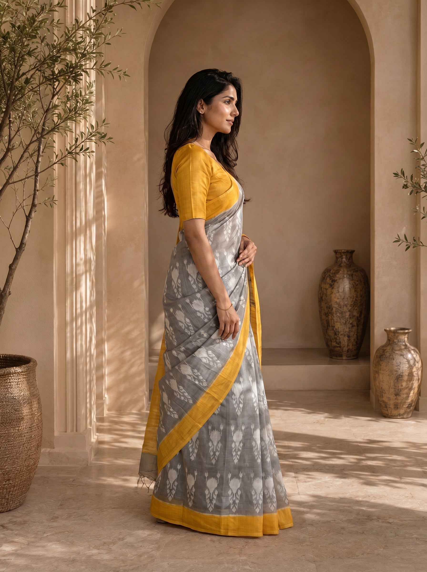 Neelika Soft Chanderi Cotton Saree – Grey Mustard Ikkat Floral Digital Print