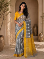 Neelika Soft Chanderi Cotton Saree – Grey Mustard Ikkat Floral Digital Print