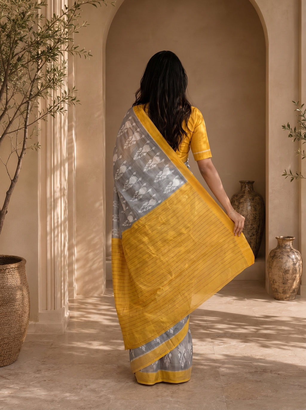 Neelika Soft Chanderi Cotton Saree – Grey Mustard Ikkat Floral Digital Print
