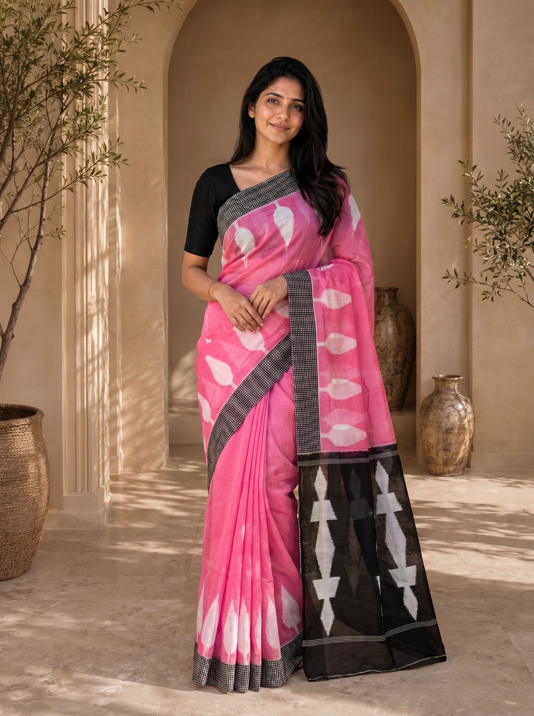 Neelika Soft Chanderi Cotton Saree – Pink Black Ikkat Digital Print