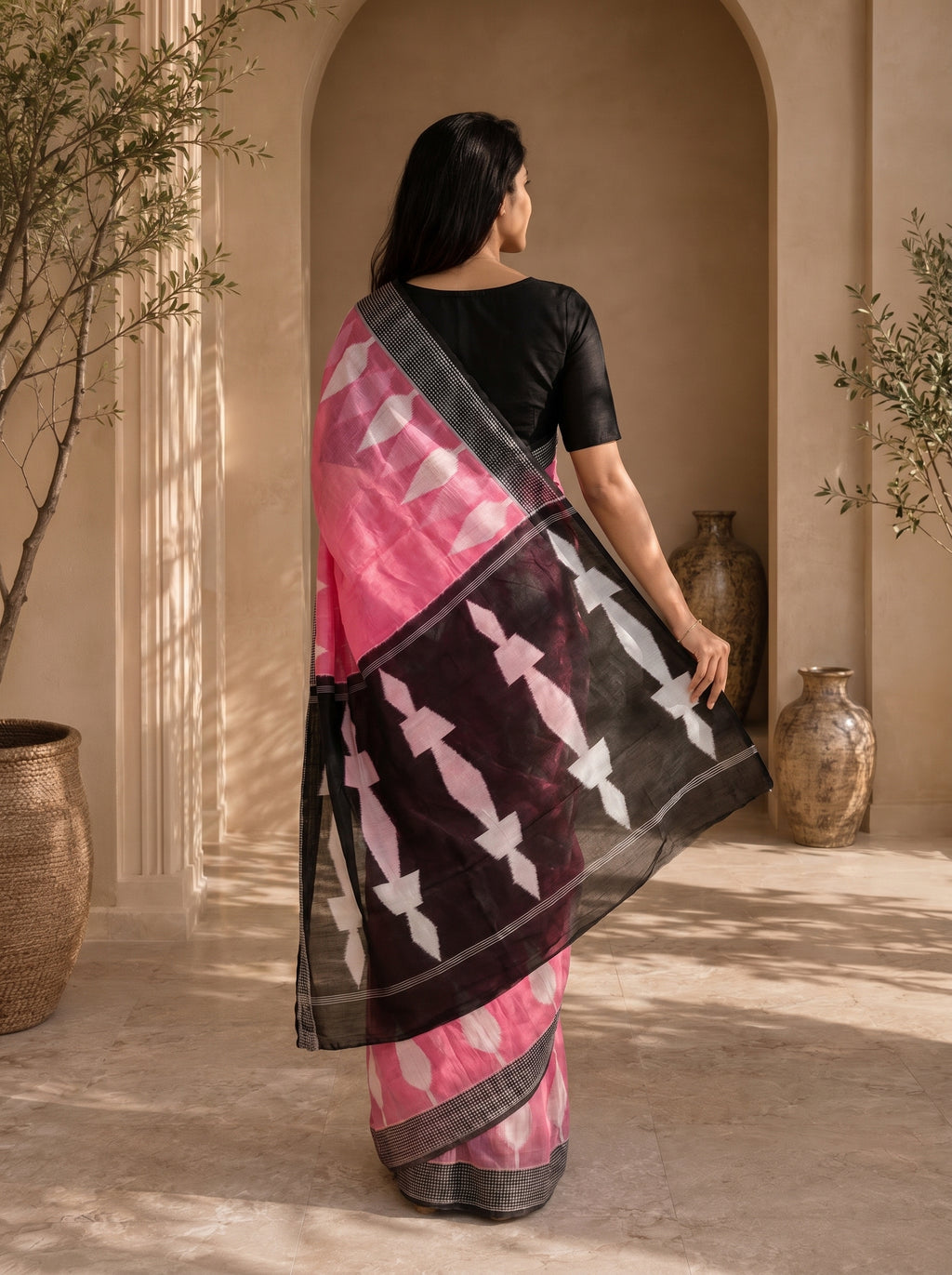 Neelika Soft Chanderi Cotton Saree – Pink Black Ikkat Digital Print