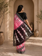 Neelika Soft Chanderi Cotton Saree – Pink Black Ikkat Digital Print