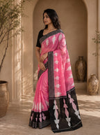 Neelika Soft Chanderi Cotton Saree – Pink Black Ikkat Digital Print