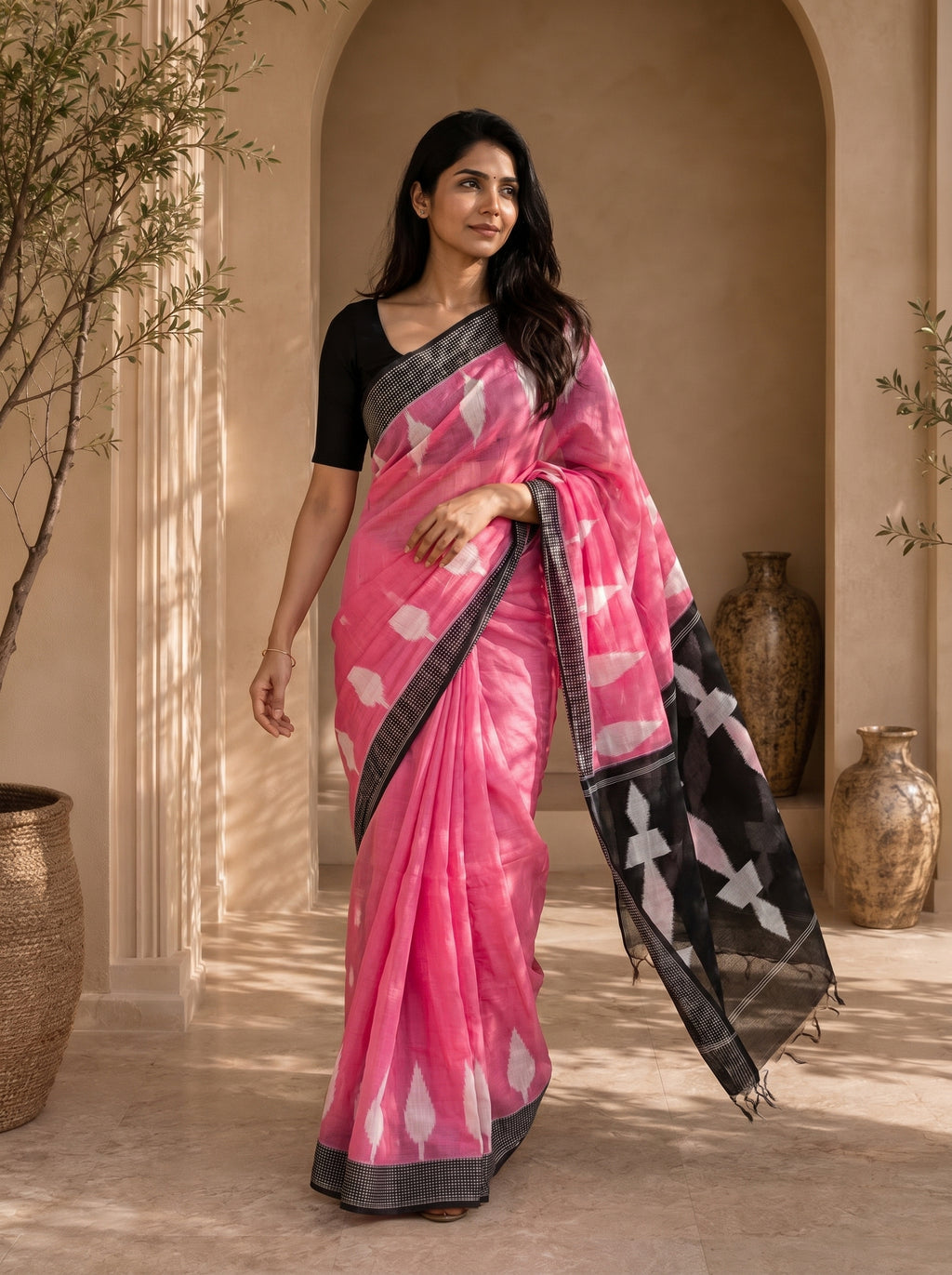 Neelika Soft Chanderi Cotton Saree – Pink Black Ikkat Digital Print