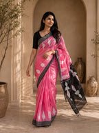 Neelika Soft Chanderi Cotton Saree – Pink Black Ikkat Digital Print