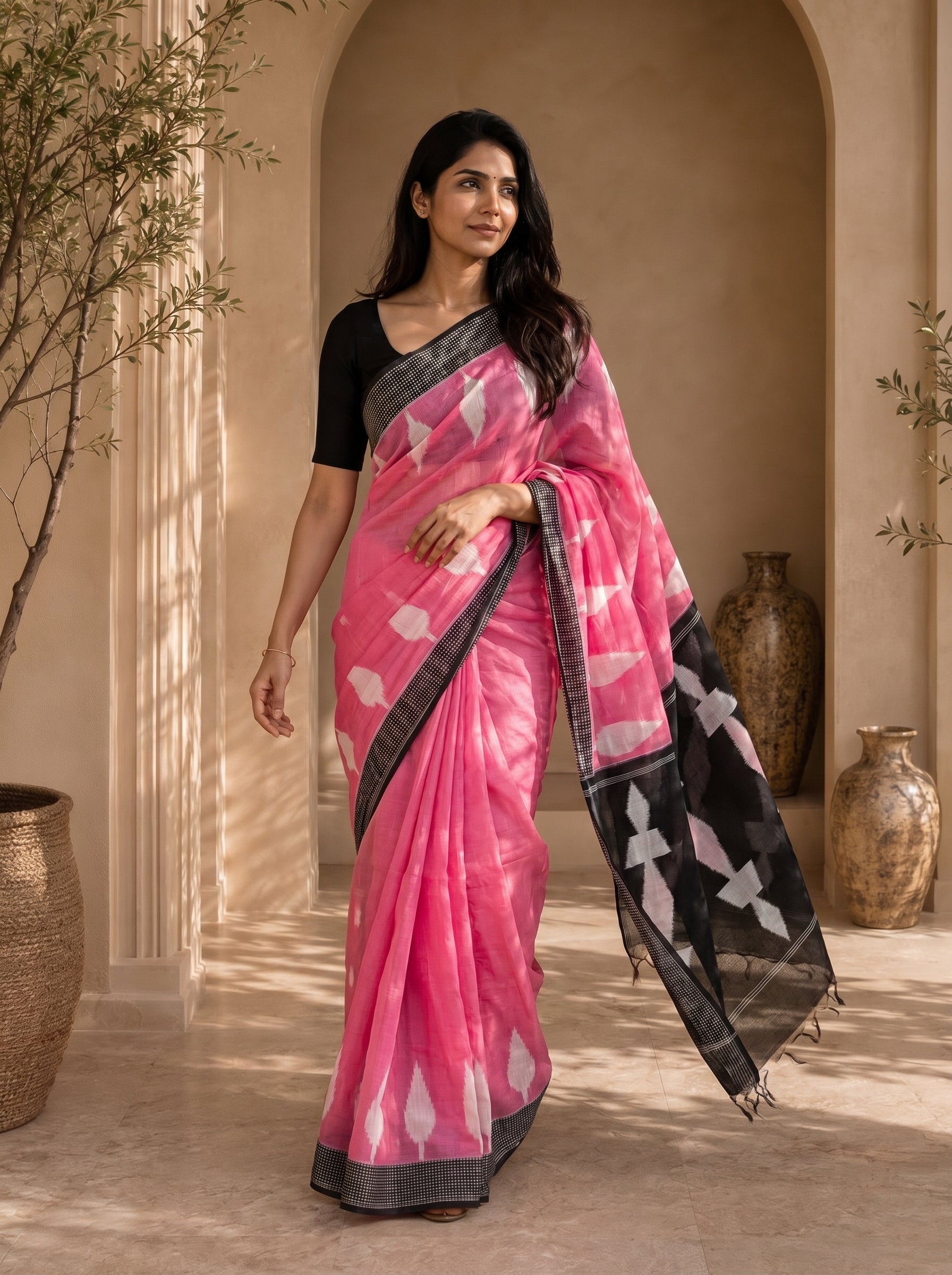 Neelika Soft Chanderi Cotton Saree – Pink Black Ikkat Digital Print