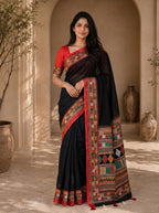 Vaidehi Soft Chanderi Cotton Saree – Black Red Traditional Tribal Digital Print