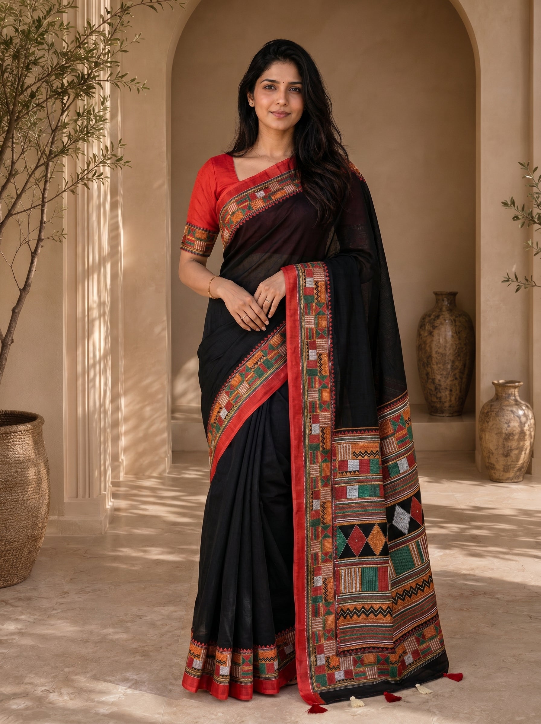 Vaidehi Soft Chanderi Cotton Saree – Black Red Traditional Tribal Digital Print