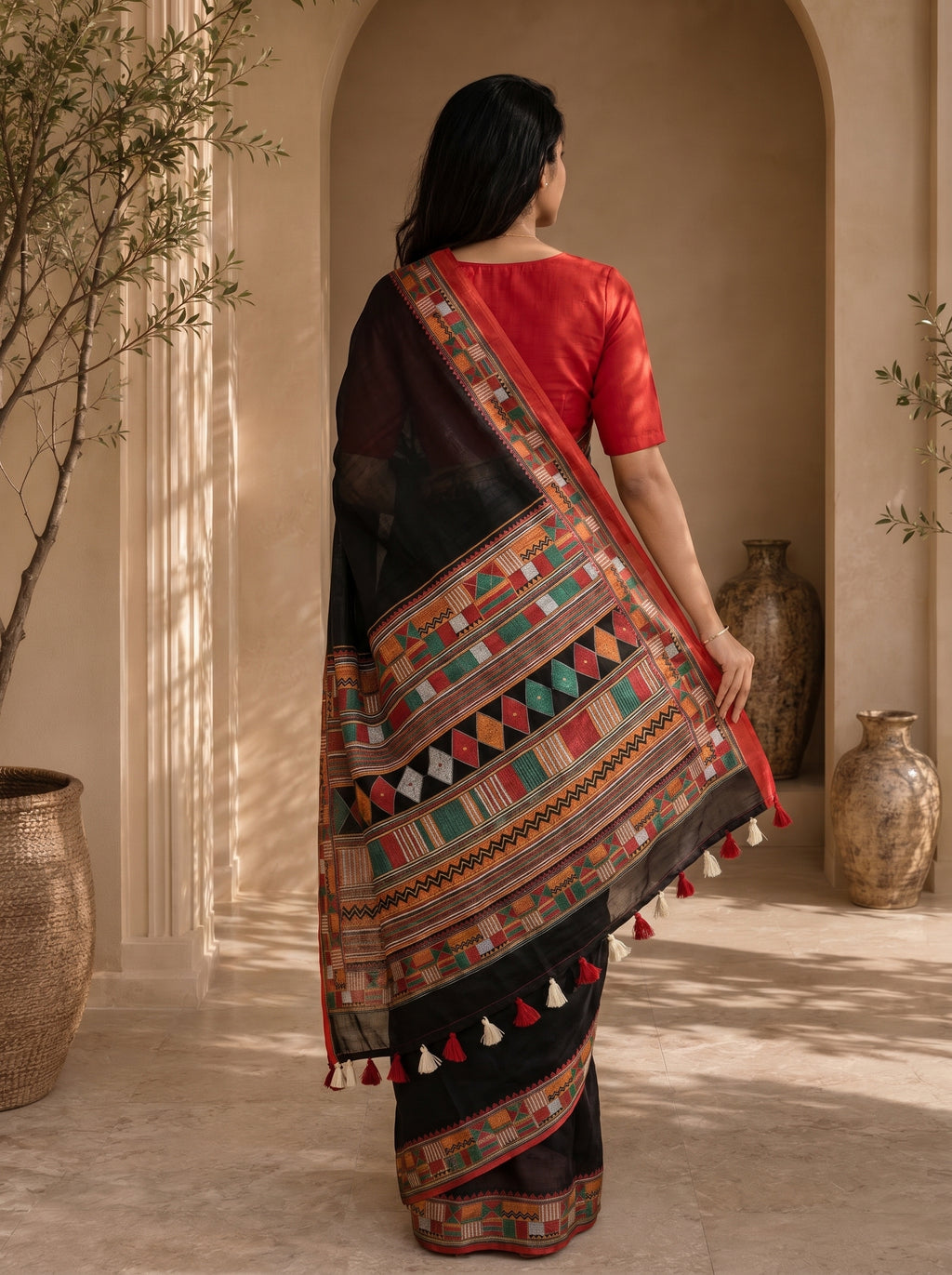 Vaidehi Soft Chanderi Cotton Saree – Black Red Traditional Tribal Digital Print