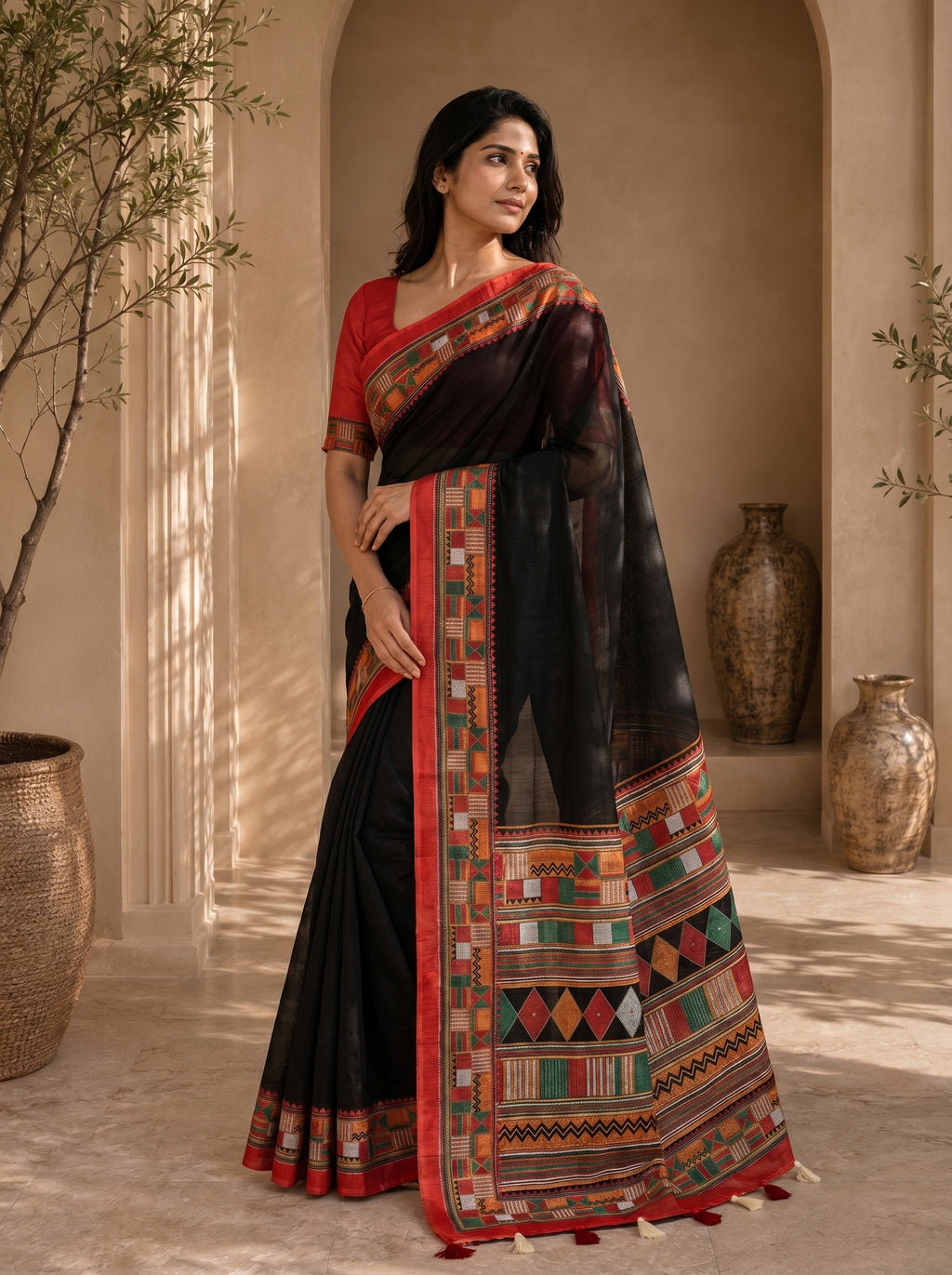 Vaidehi Soft Chanderi Cotton Saree – Black Red Traditional Tribal Digital Print
