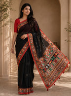 Vaidehi Soft Chanderi Cotton Saree – Black Red Traditional Tribal Digital Print
