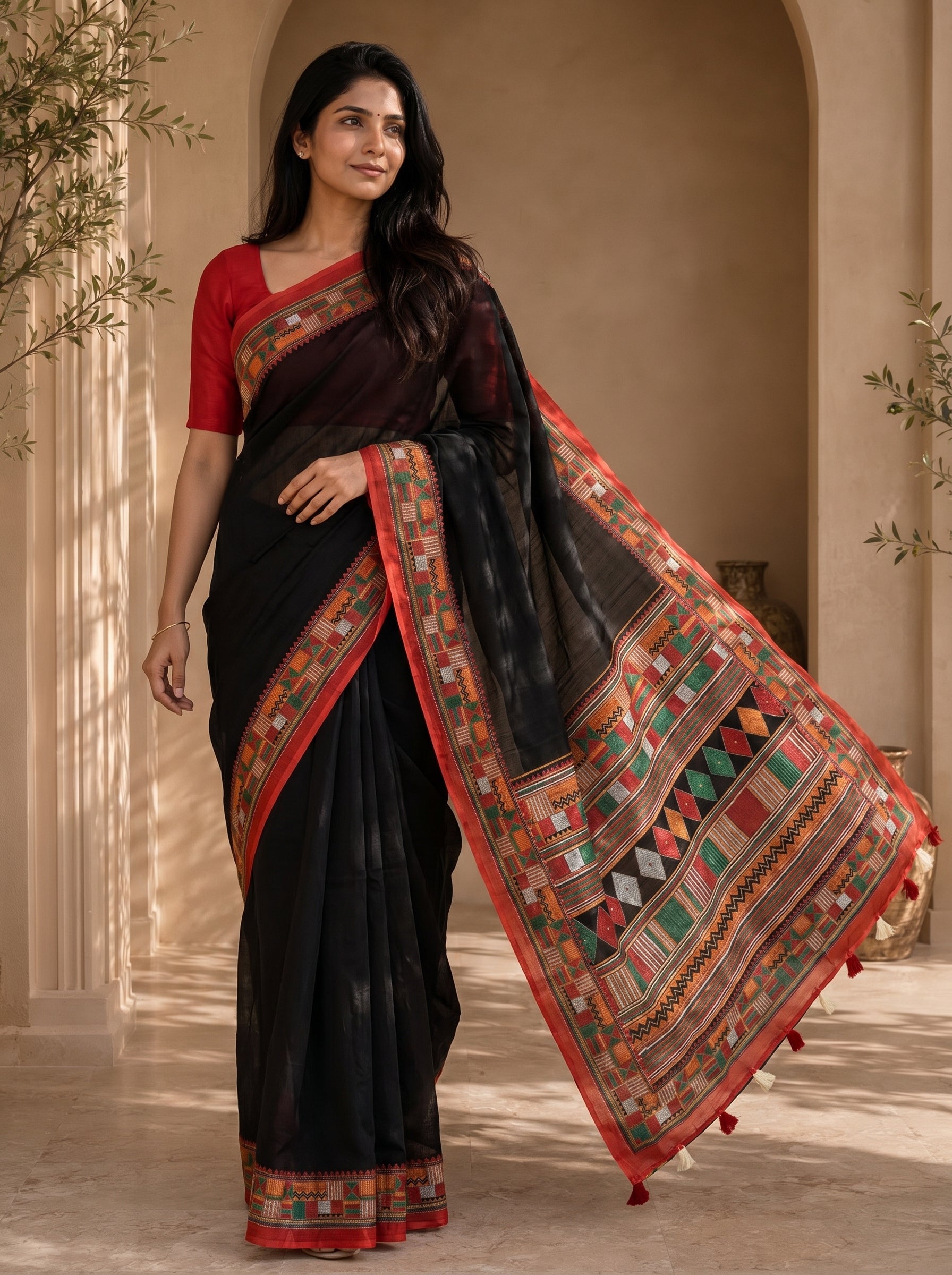 Vaidehi Soft Chanderi Cotton Saree – Black Red Traditional Tribal Digital Print