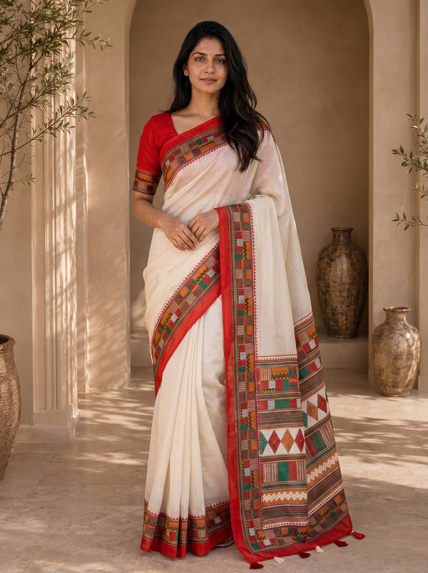 Vaidehi Soft Chanderi Cotton Saree – White Red Traditional Tribal Digital Print