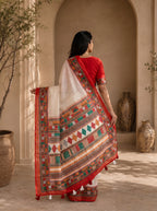 Vaidehi Soft Chanderi Cotton Saree – White Red Traditional Tribal Digital Print