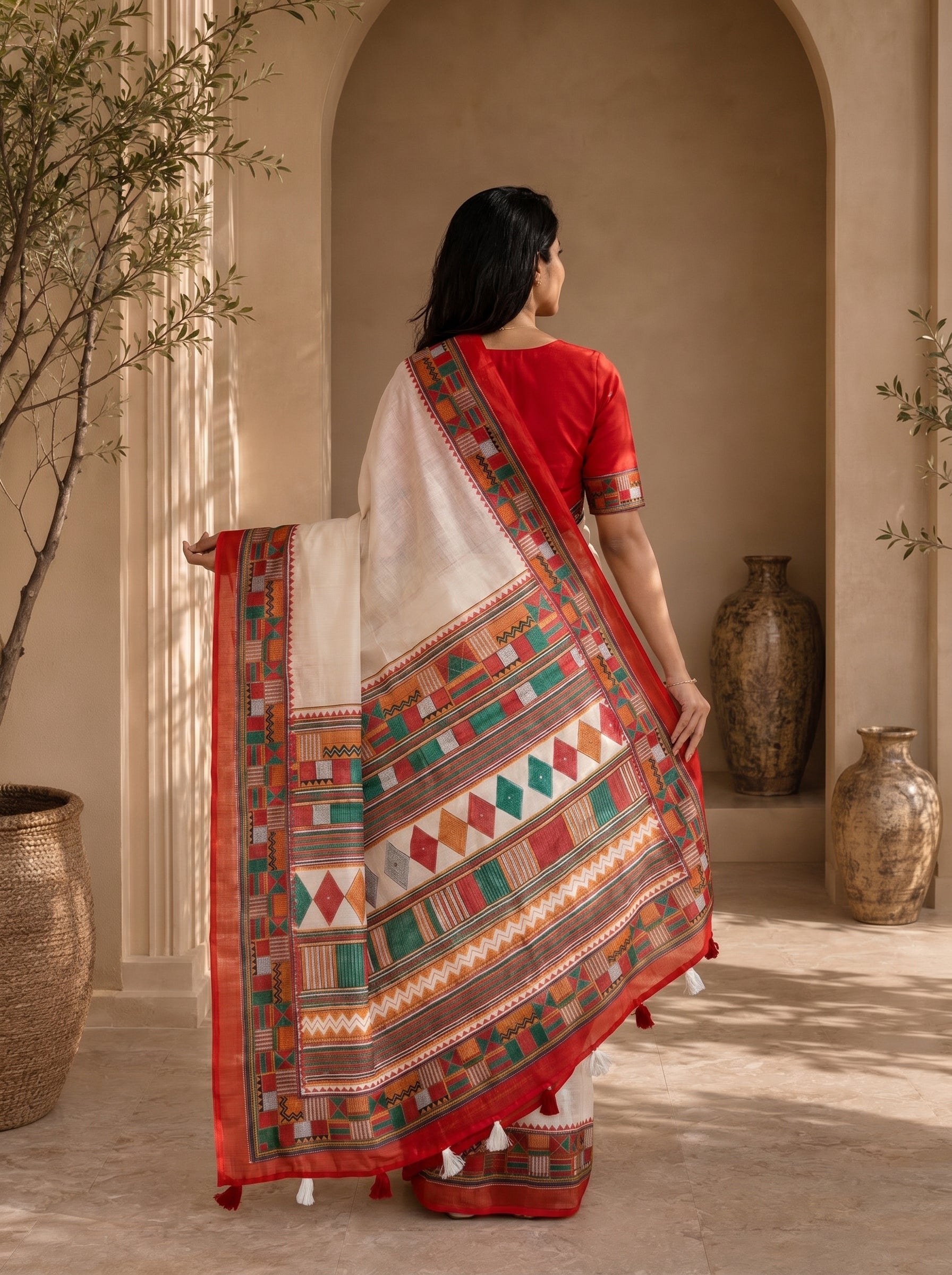 Vaidehi Soft Chanderi Cotton Saree – White Red Traditional Tribal Digital Print