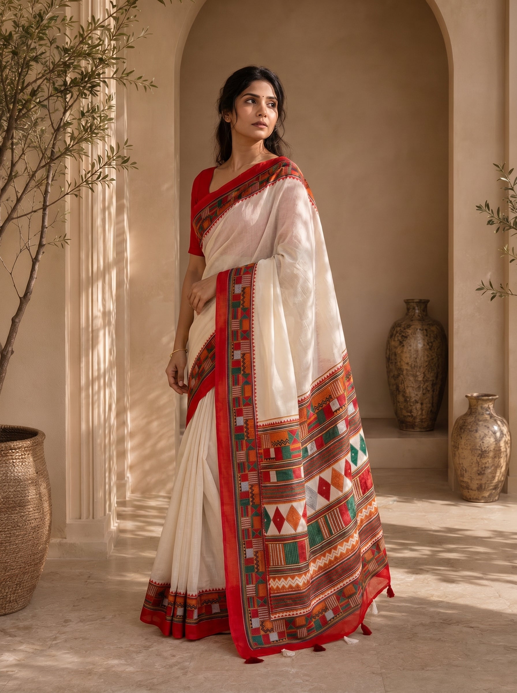 Vaidehi Soft Chanderi Cotton Saree – White Red Traditional Tribal Digital Print