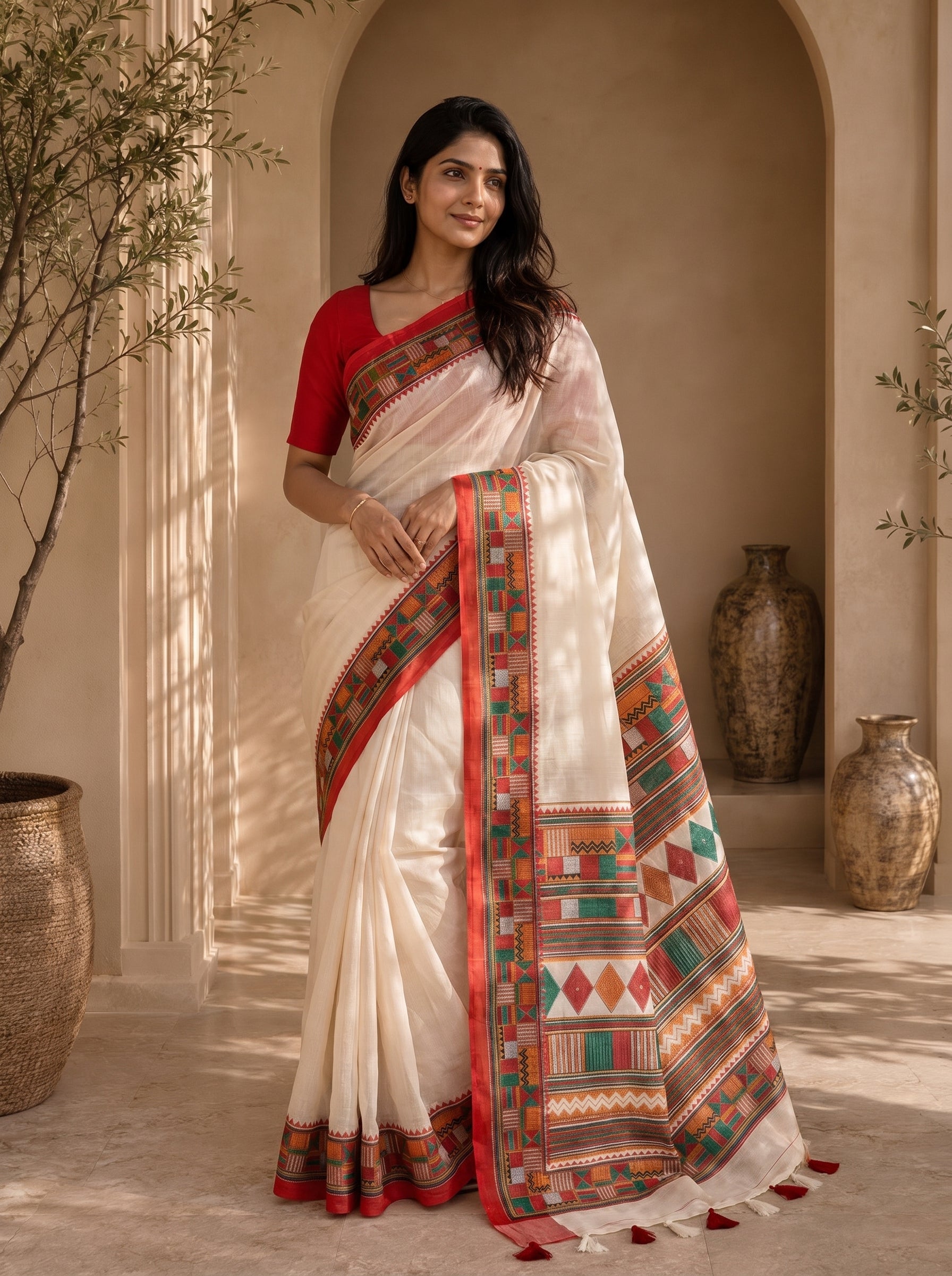Vaidehi Soft Chanderi Cotton Saree – White Red Traditional Tribal Digital Print