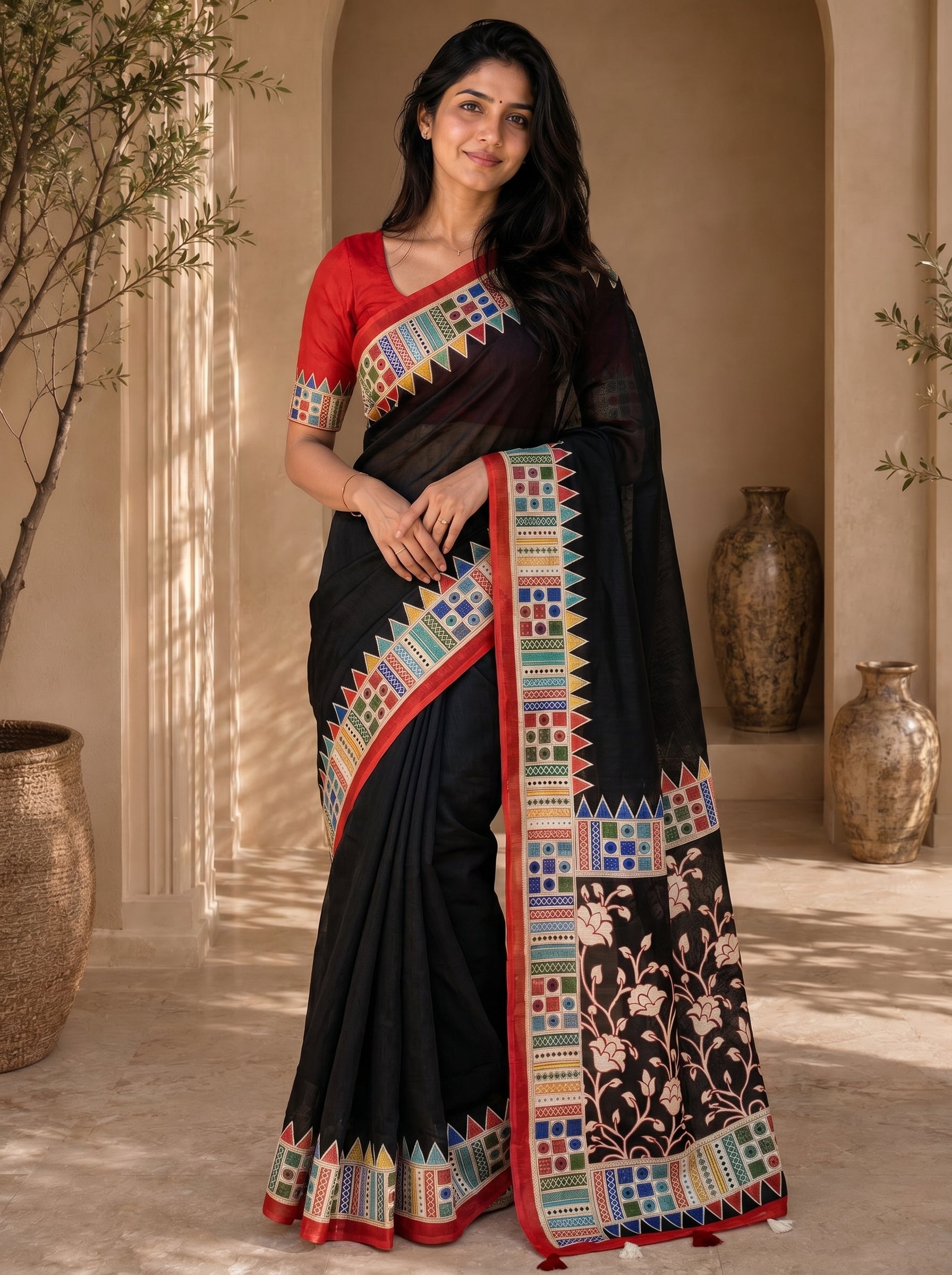 Vaidehi Soft Chanderi Cotton Saree – Black Red Floral Traditional Digital Print