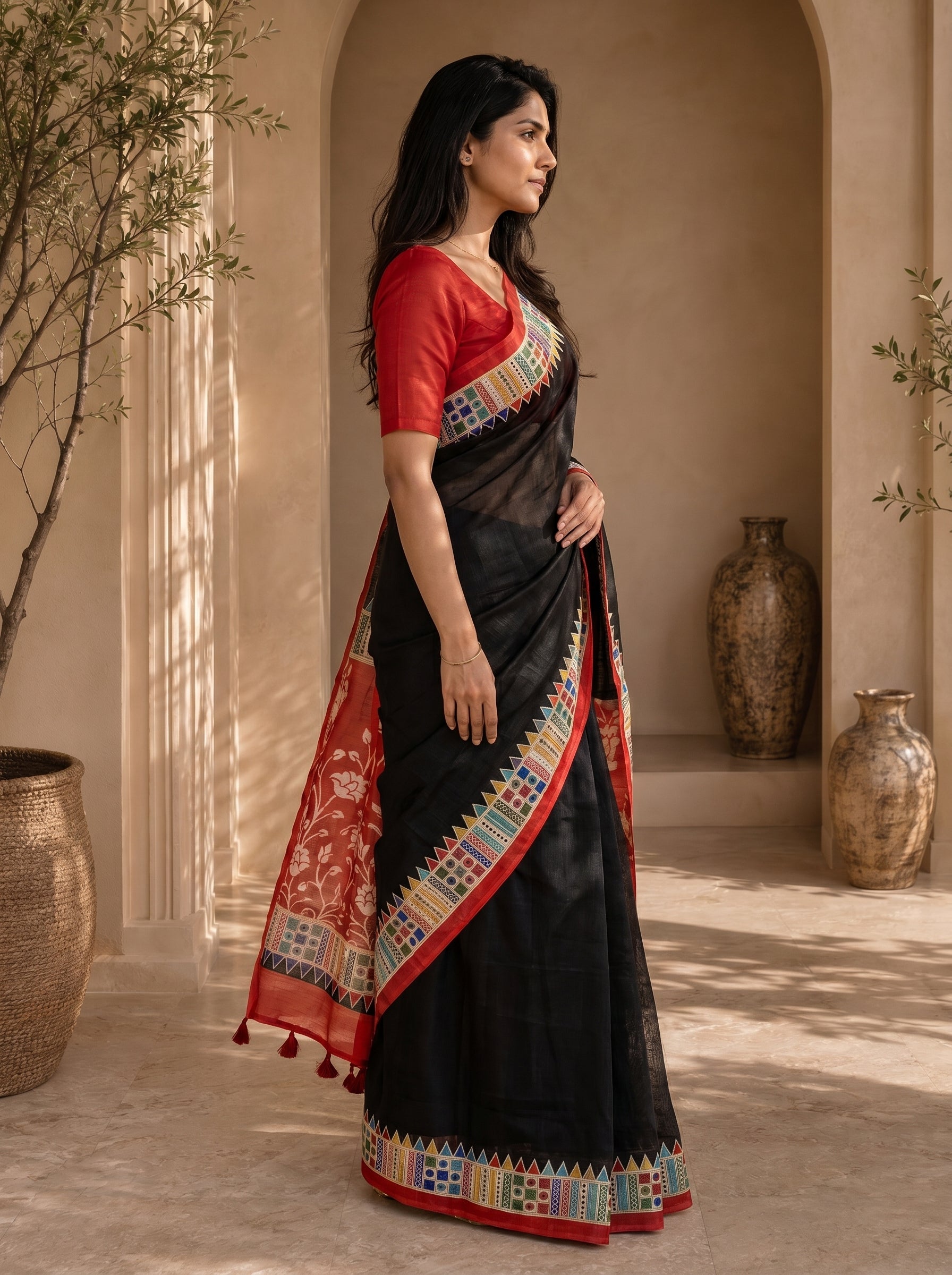 Vaidehi Soft Chanderi Cotton Saree – Black Red Floral Traditional Digital Print