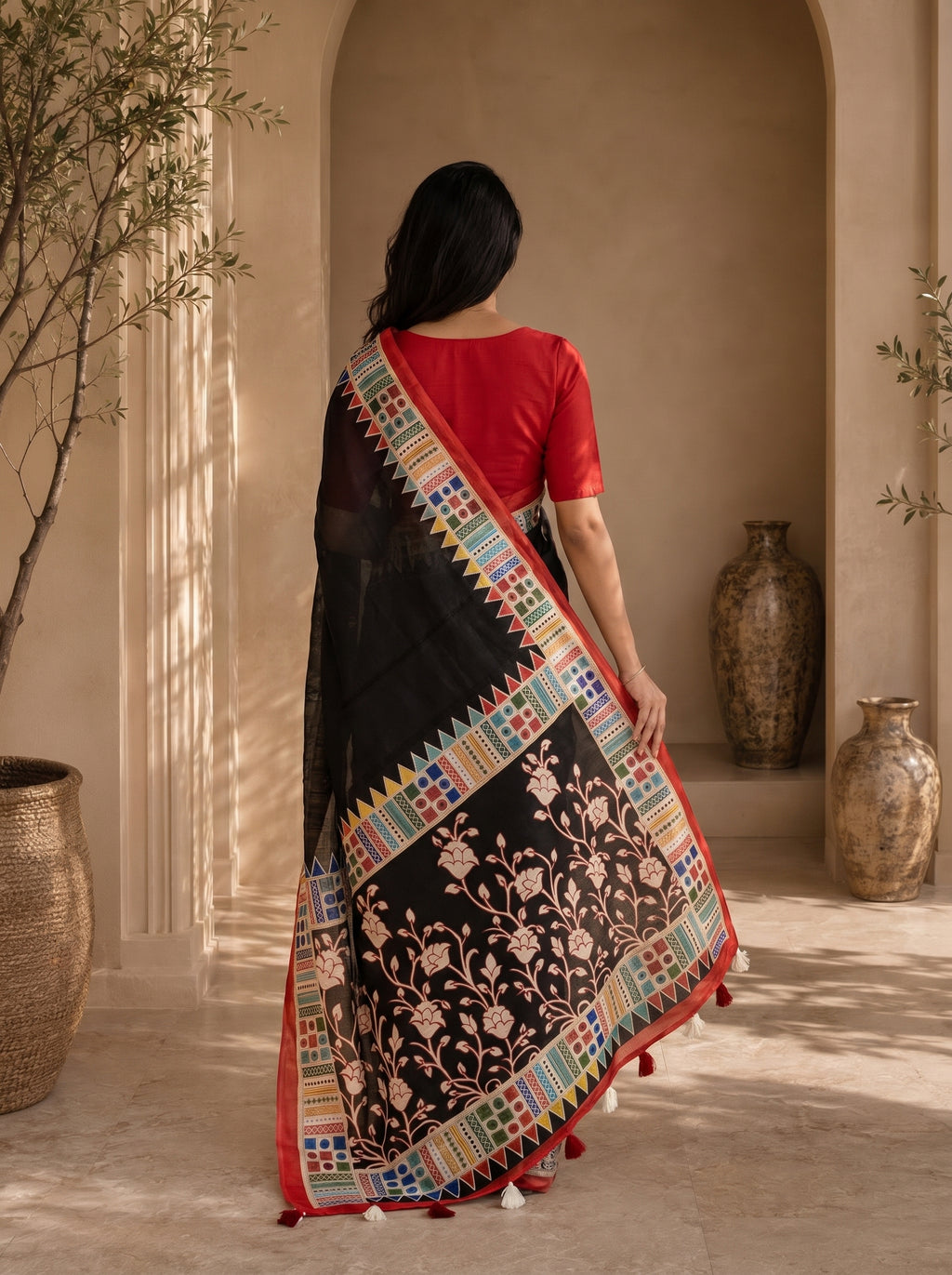 Vaidehi Soft Chanderi Cotton Saree – Black Red Floral Traditional Digital Print