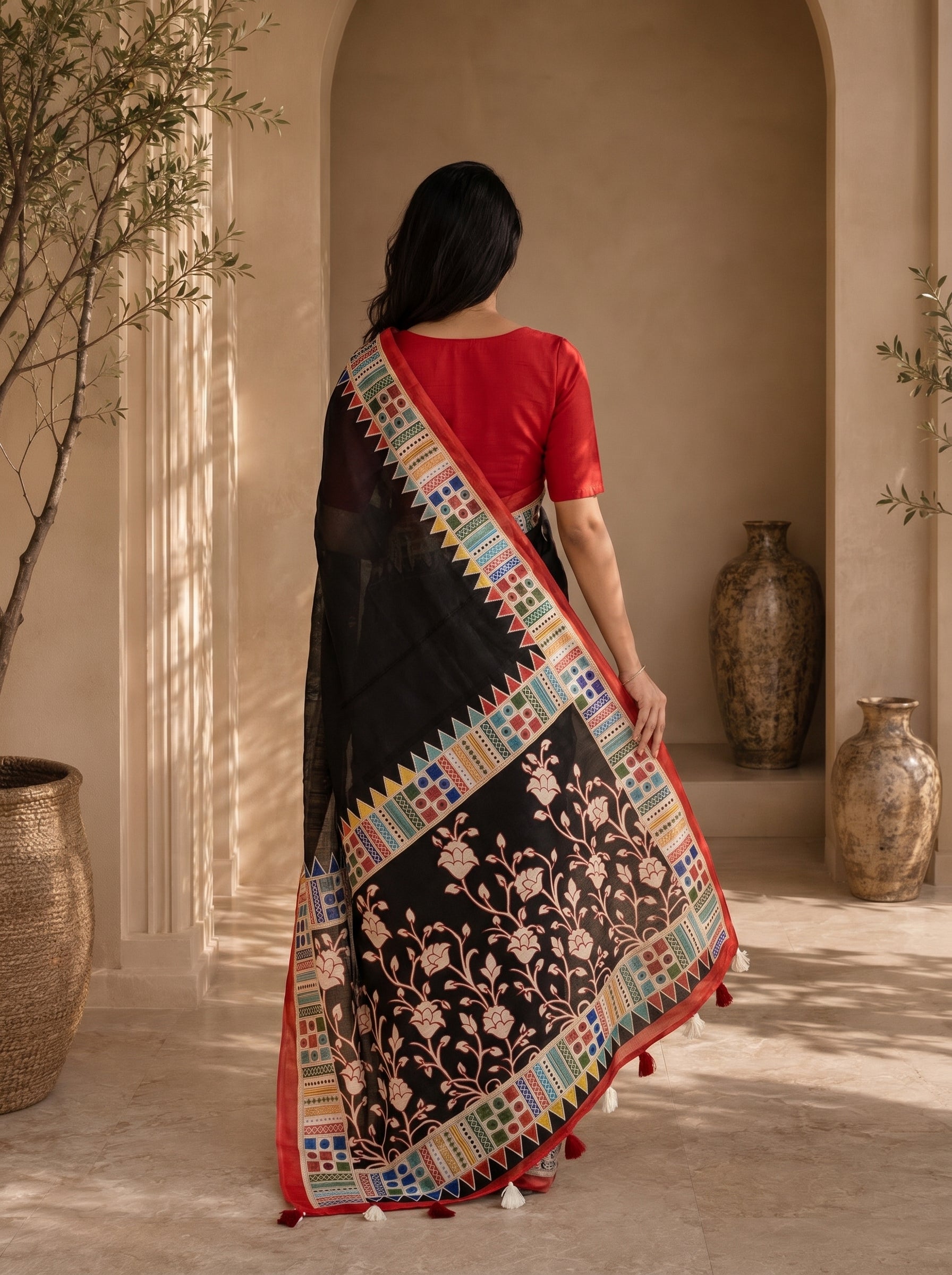 Vaidehi Soft Chanderi Cotton Saree – Black Red Floral Traditional Digital Print