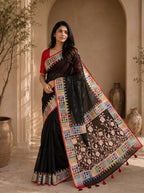 Vaidehi Soft Chanderi Cotton Saree – Black Red Floral Traditional Digital Print