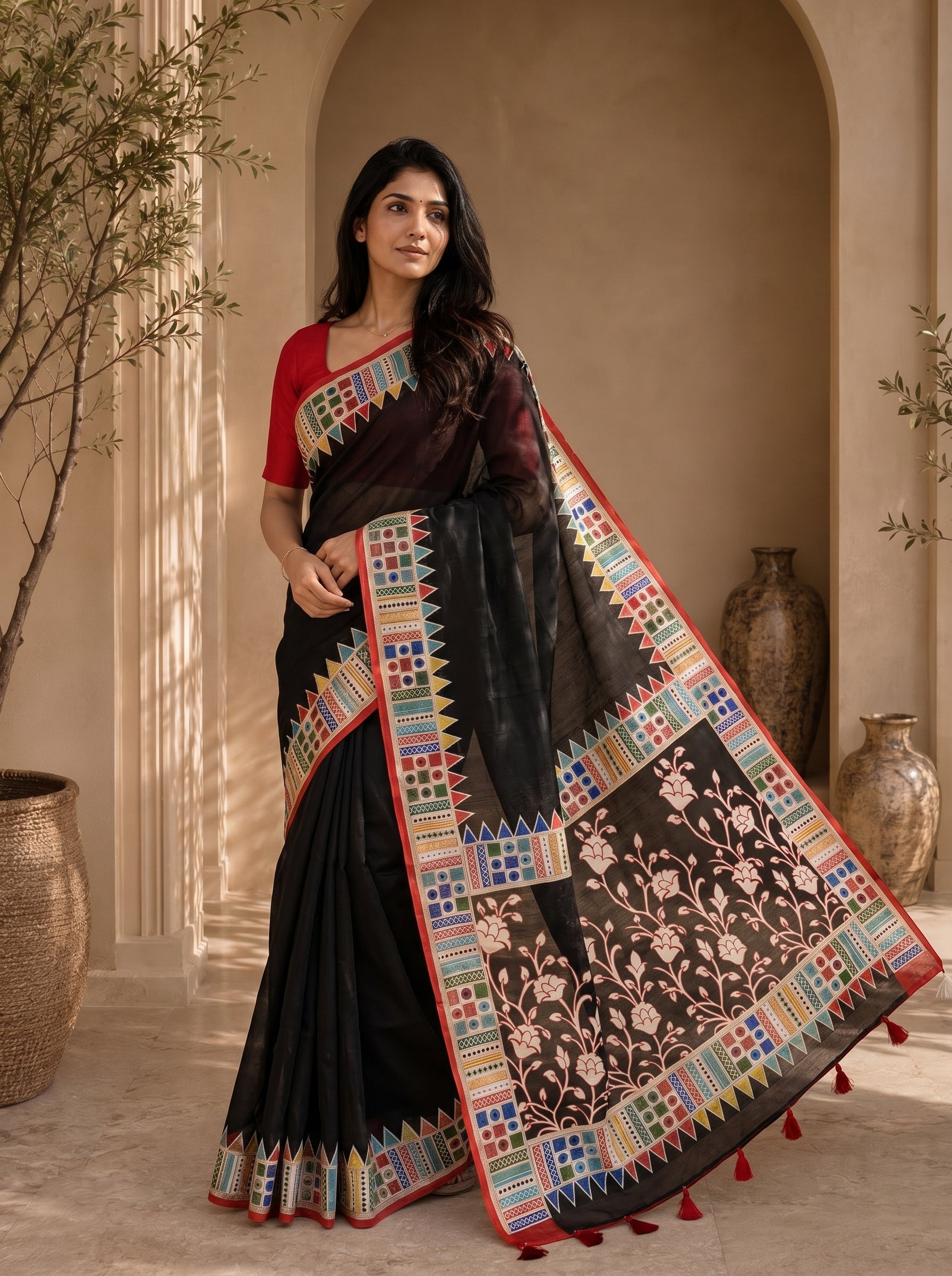 Vaidehi Soft Chanderi Cotton Saree – Black Red Floral Traditional Digital Print