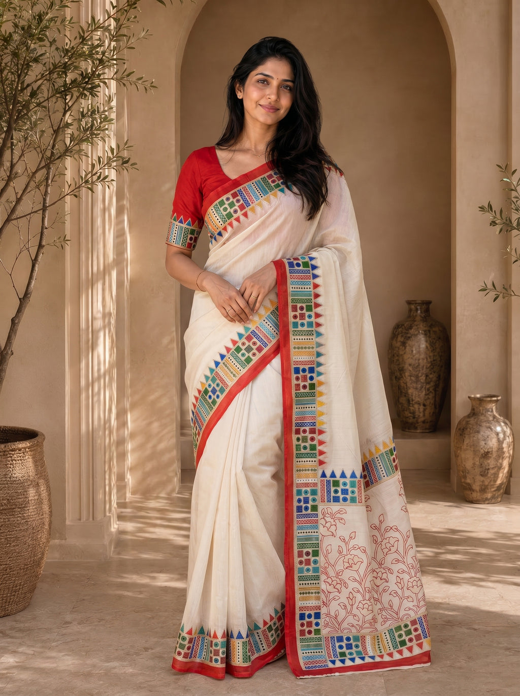 Vaidehi Soft Chanderi Cotton Saree – White Red Floral Traditional Digital Print