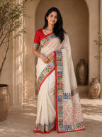Vaidehi Soft Chanderi Cotton Saree – White Red Floral Traditional Digital Print