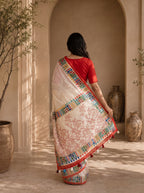 Vaidehi Soft Chanderi Cotton Saree – White Red Floral Traditional Digital Print
