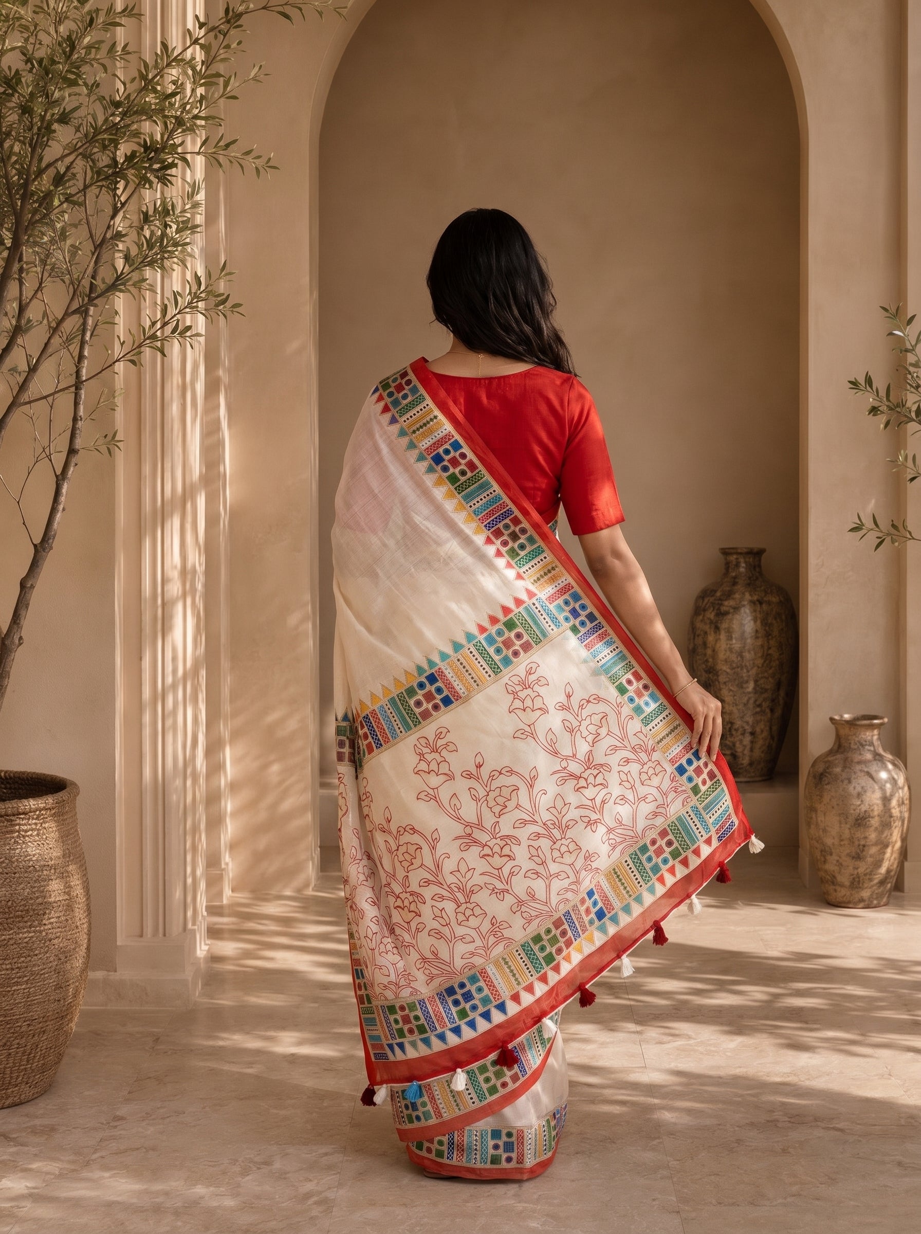 Vaidehi Soft Chanderi Cotton Saree – White Red Floral Traditional Digital Print