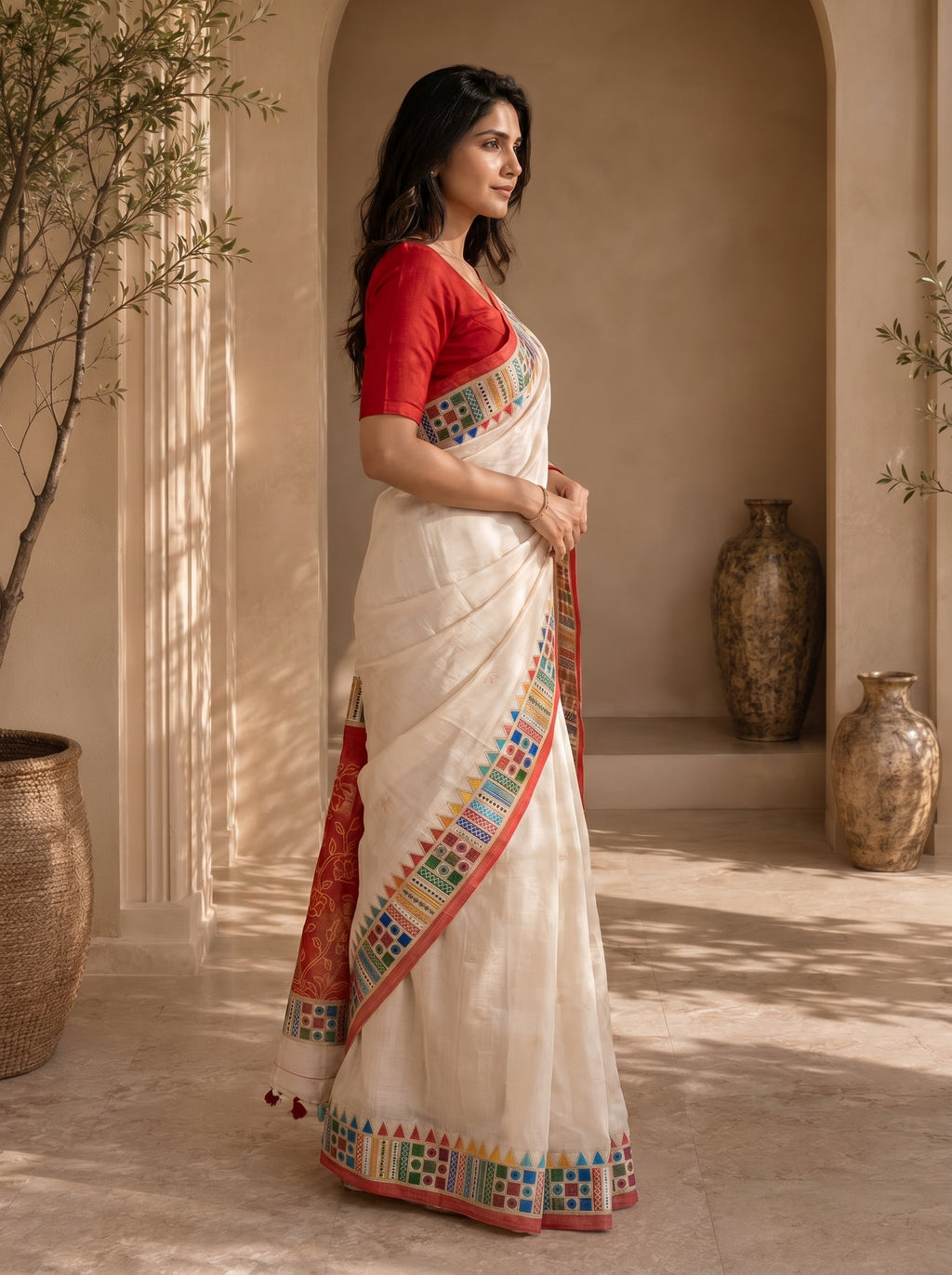 Vaidehi Soft Chanderi Cotton Saree – White Red Floral Traditional Digital Print