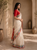 Vaidehi Soft Chanderi Cotton Saree – White Red Floral Traditional Digital Print