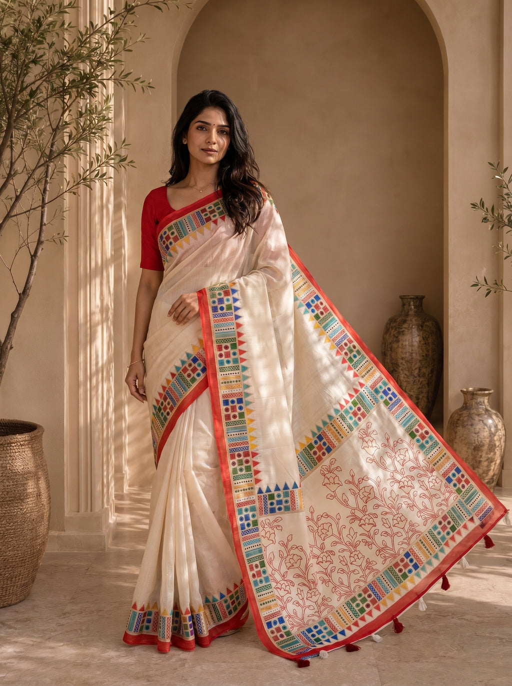 Vaidehi Soft Chanderi Cotton Saree – White Red Floral Traditional Digital Print