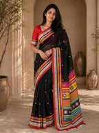 Vaidehi Soft Chanderi Cotton Saree – Black Red Traditional Folk Digital Print