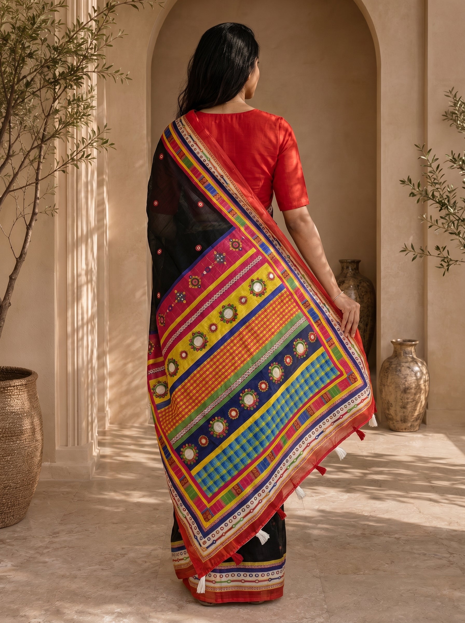 Vaidehi Soft Chanderi Cotton Saree – Black Red Traditional Folk Digital Print