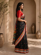 Vaidehi Soft Chanderi Cotton Saree – Black Red Traditional Folk Digital Print