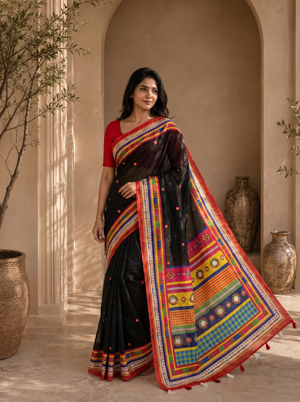 Vaidehi Soft Chanderi Cotton Saree – Black Red Traditional Folk Digital Print