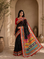 Vaidehi Soft Chanderi Cotton Saree – Black Red Traditional Folk Digital Print