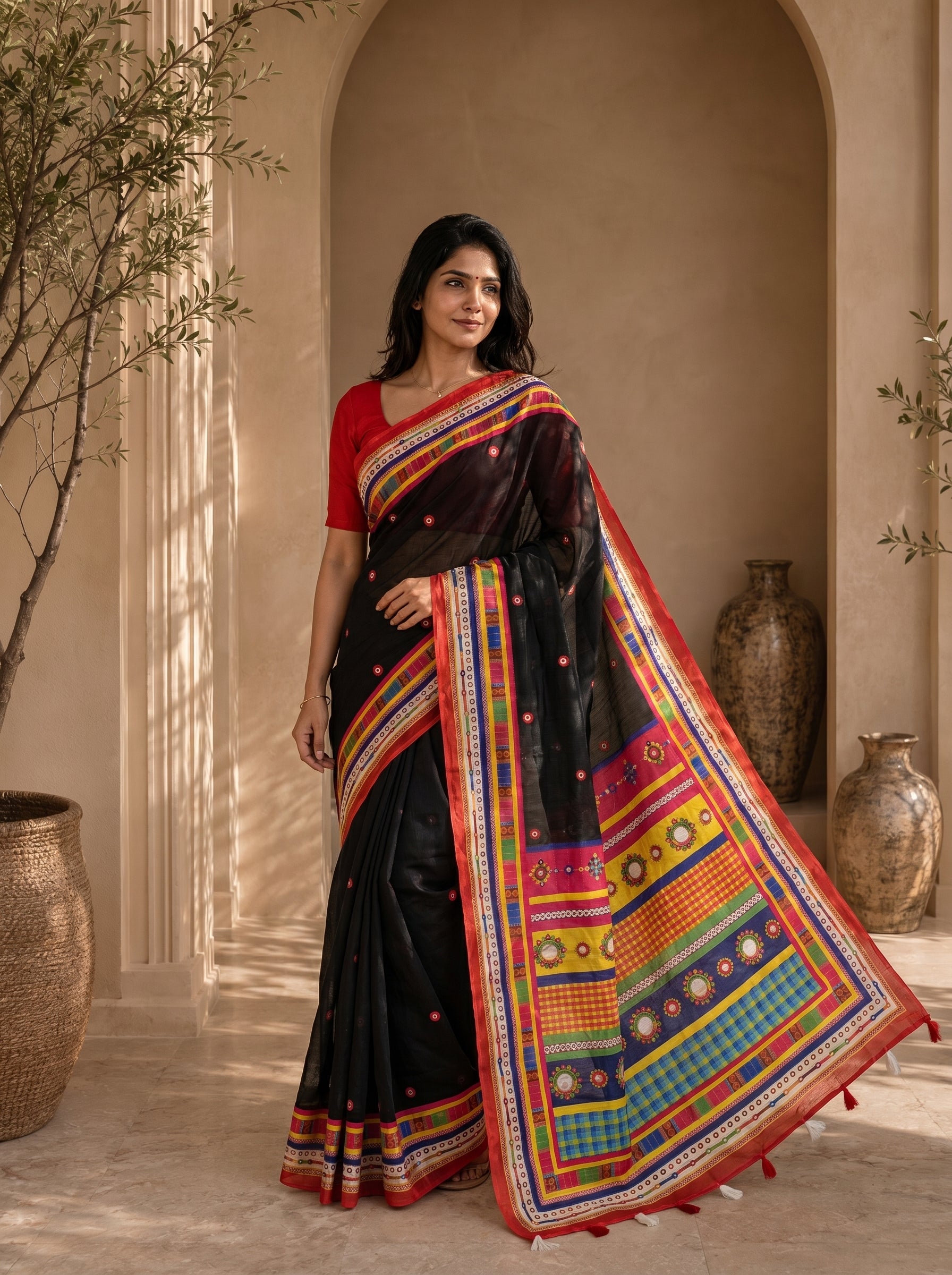 Vaidehi Soft Chanderi Cotton Saree – Black Red Traditional Folk Digital Print