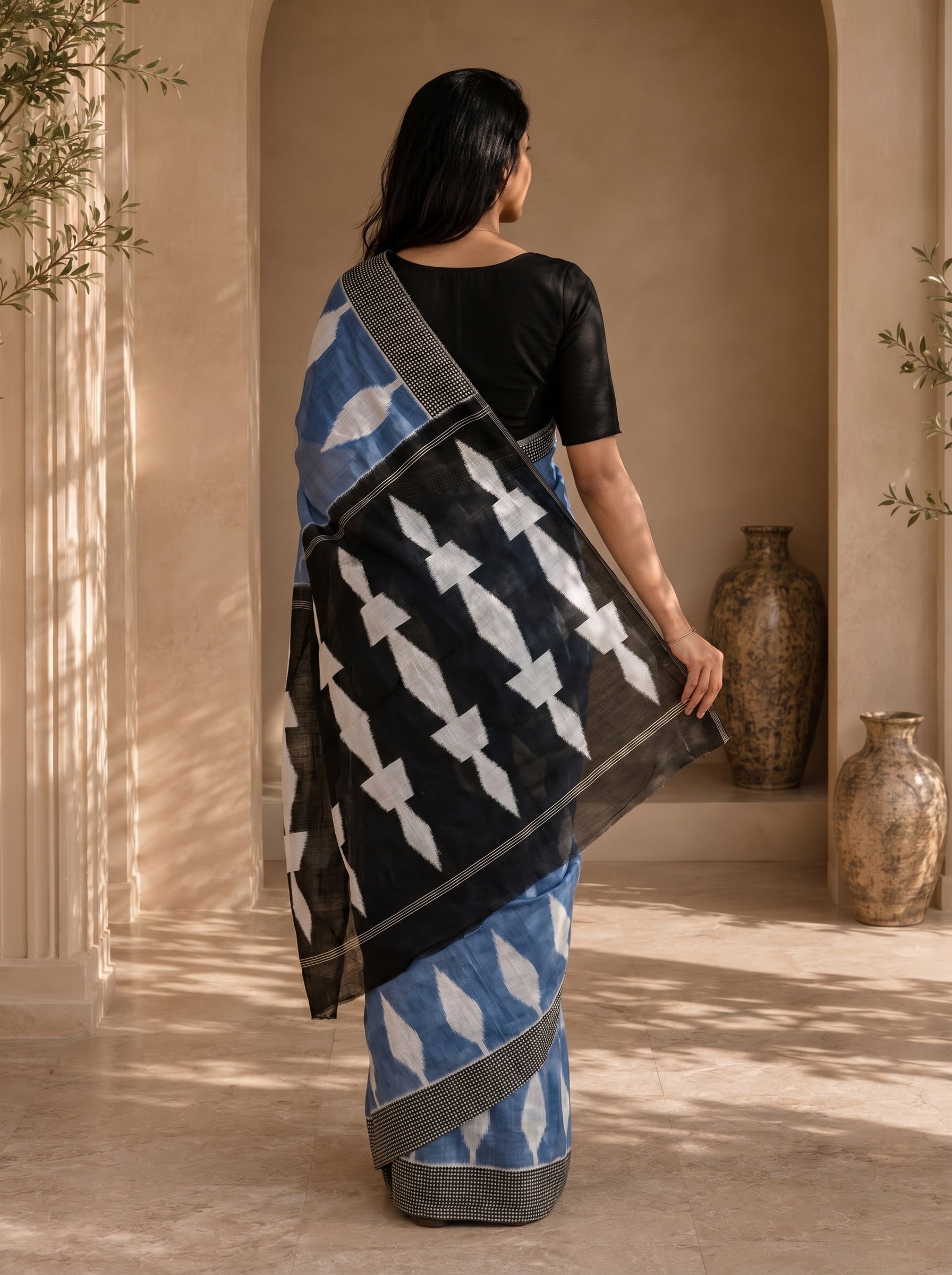 Neelika Soft Chanderi Cotton Saree – Blue Black Ikkat Digital Print