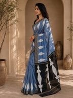 Neelika Soft Chanderi Cotton Saree – Blue Black Ikkat Digital Print