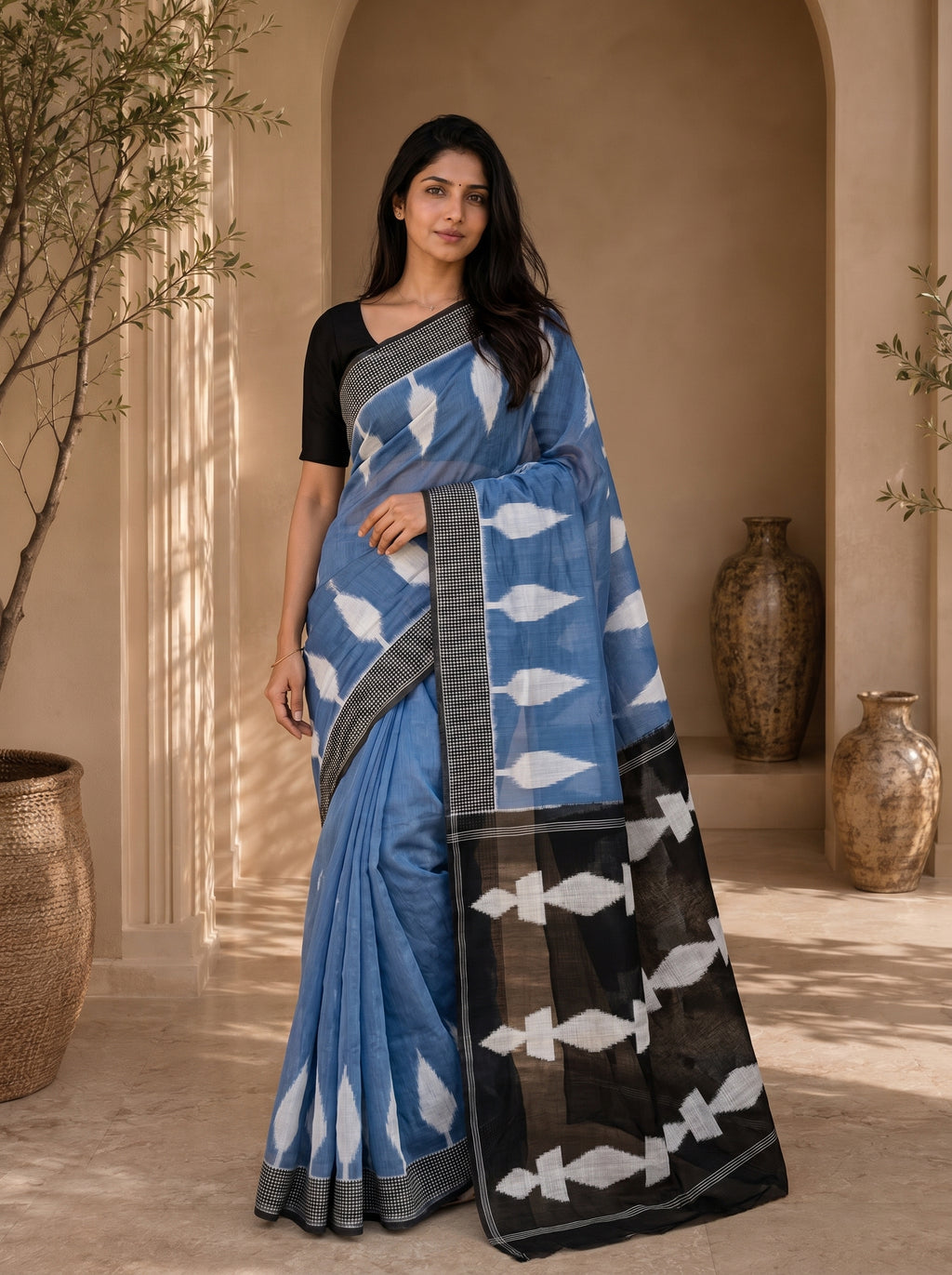 Neelika Soft Chanderi Cotton Saree – Blue Black Ikkat Digital Print