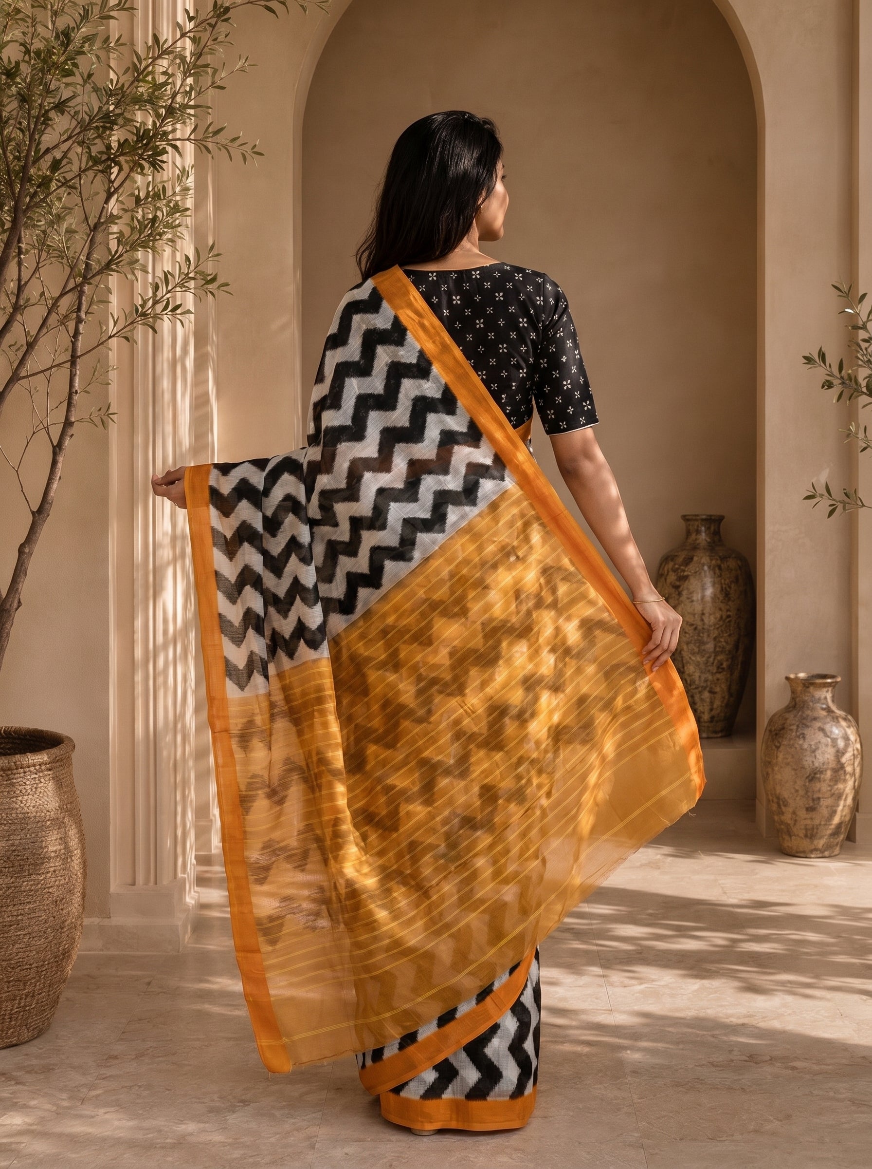 Neelika Soft Chanderi Cotton Saree – Black Mustard Ikkat Chevron Digital Print