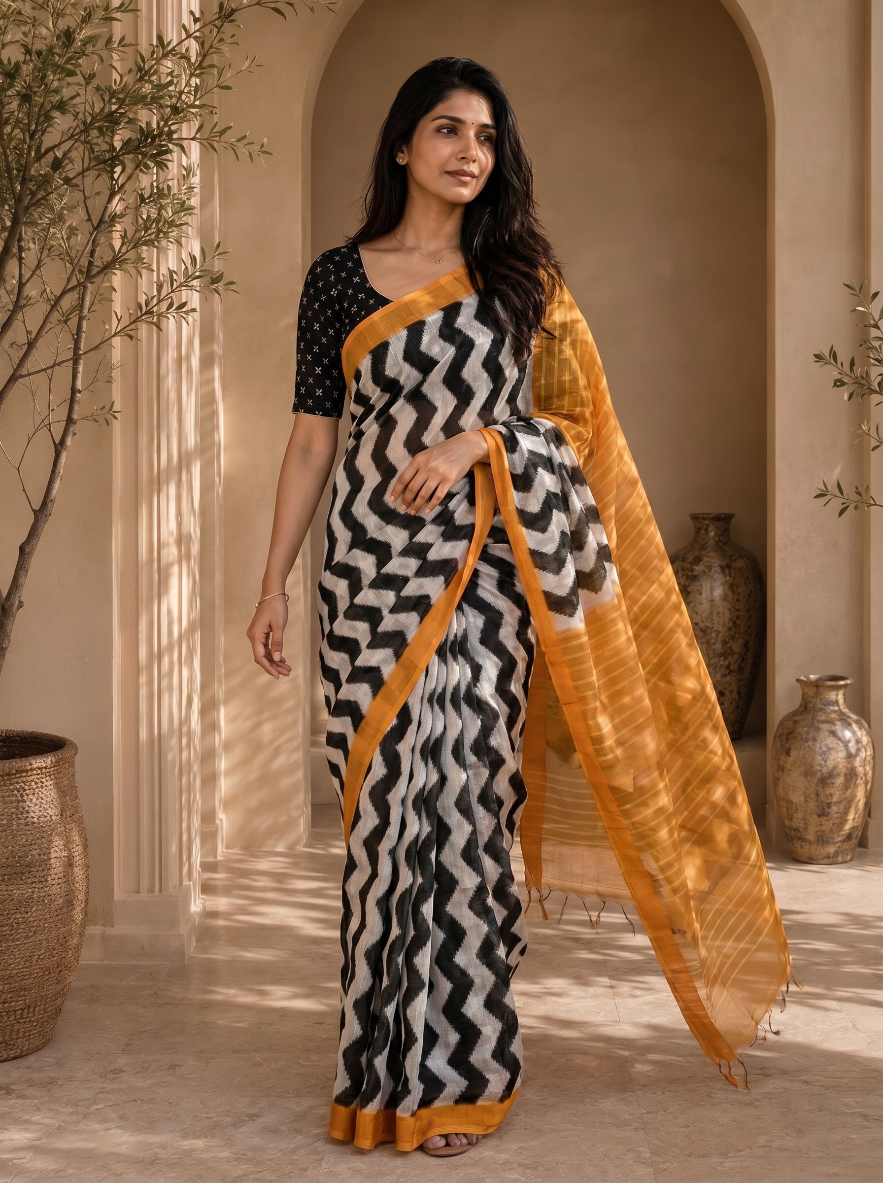 Neelika Soft Chanderi Cotton Saree – Black Mustard Ikkat Chevron Digital Print