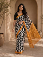 Neelika Soft Chanderi Cotton Saree – Black Mustard Ikkat Chevron Digital Print