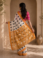 Neelika Soft Chanderi Cotton Saree – Cream Mustard Ikkat Dot Digital Print